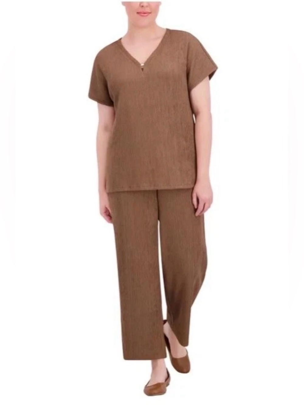 Jones New York two piece set wide leg pants and top size small brown new